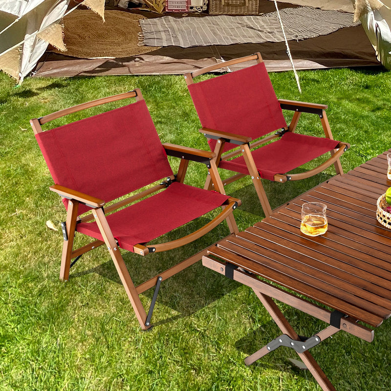 Set of 2 Patio Folding Camping Beach Chair with Solid Bamboo Frame-Red