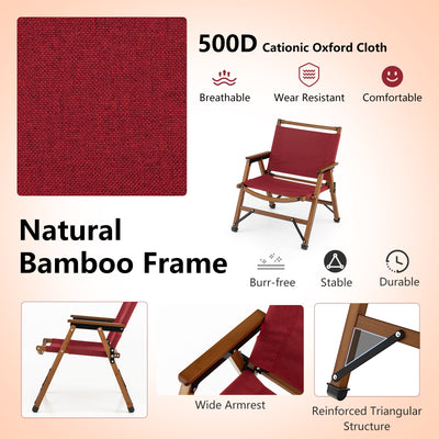 Set of 2 Patio Folding Camping Beach Chair with Solid Bamboo Frame-Red