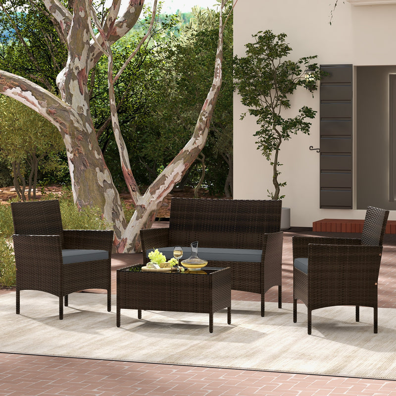 4 Piece Patio Rattan Conversation Set with Cozy Seat Cushions-Gray