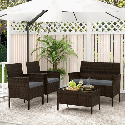 4 Piece Patio Rattan Conversation Set with Cozy Seat Cushions-Gray