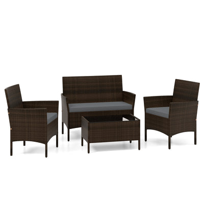 4 Piece Patio Rattan Conversation Set with Cozy Seat Cushions-Gray