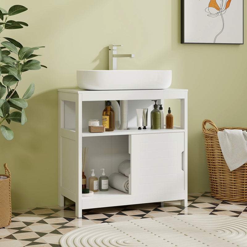 Pedestal Sink Storage Cabinet with 2 Sliding Doors and U-shaped Cut-out-White