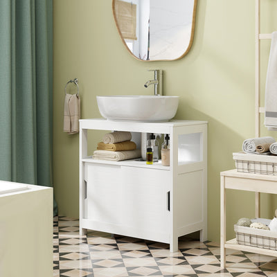 Pedestal Sink Storage Cabinet with 2 Sliding Doors and U-shaped Cut-out-White