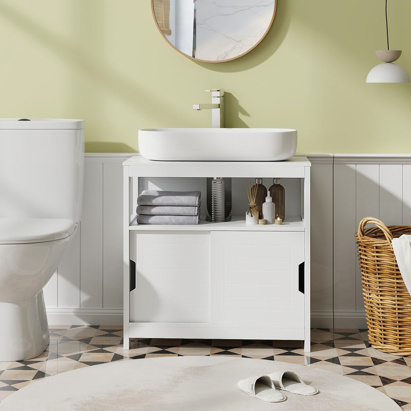 Pedestal Sink Storage Cabinet with 2 Sliding Doors and U-shaped Cut-out-White