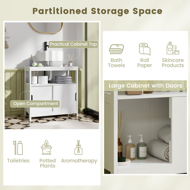 Pedestal Sink Storage Cabinet with 2 Sliding Doors and U-shaped Cut-out-White