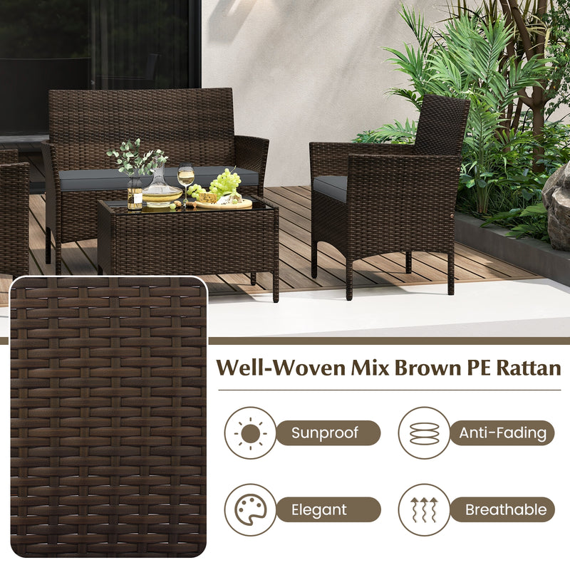 4 Piece Patio Rattan Conversation Set with Cozy Seat Cushions-Gray