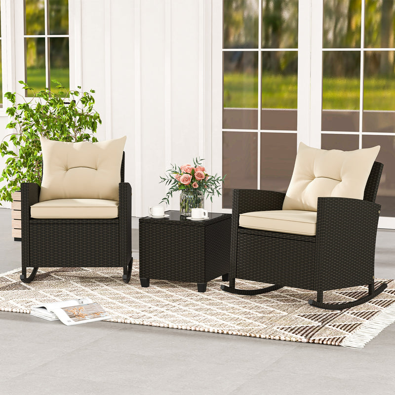 Patio Rattan Roker Chairs with Tempered Glass Table and Soft Cushions for Backyard Poolside Porch-Beige