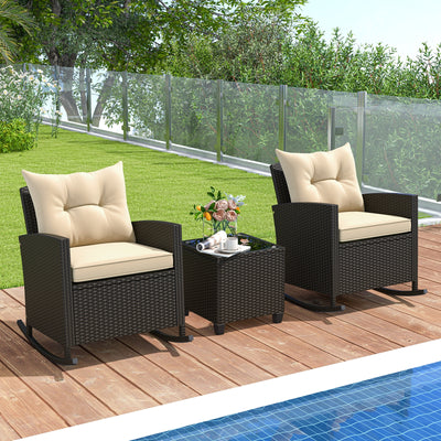 Patio Rattan Roker Chairs with Tempered Glass Table and Soft Cushions for Backyard Poolside Porch-Beige