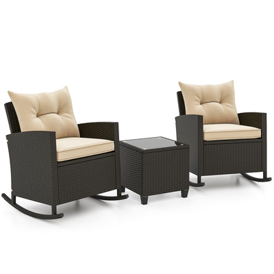 Patio Rattan Roker Chairs with Tempered Glass Table and Soft Cushions for Backyard Poolside Porch-Beige