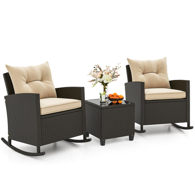 Patio Rattan Roker Chairs with Tempered Glass Table and Soft Cushions for Backyard Poolside Porch-Beige