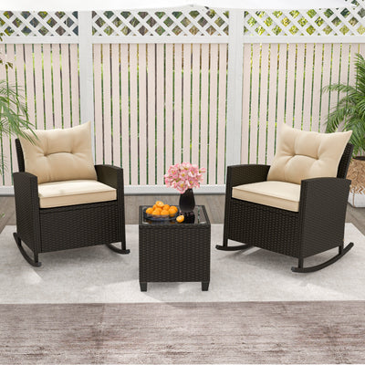 Patio Rattan Roker Chairs with Tempered Glass Table and Soft Cushions for Backyard Poolside Porch-Beige