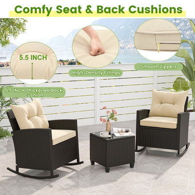 Patio Rattan Roker Chairs with Tempered Glass Table and Soft Cushions for Backyard Poolside Porch-Beige