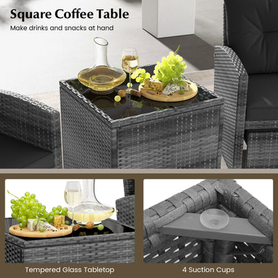 5 Piece Patio Rattan Furniture with 2 Ottomans and Tempered Glass Coffee Table-Black