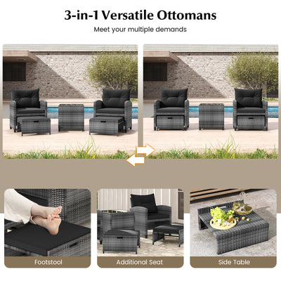 5 Piece Patio Rattan Furniture with 2 Ottomans and Tempered Glass Coffee Table-Black