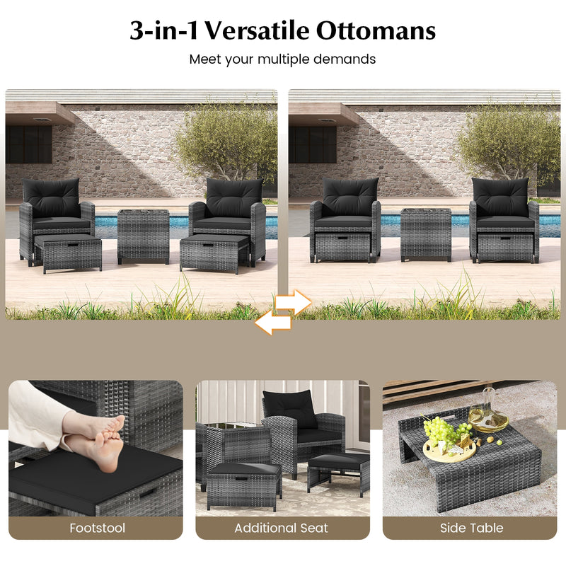 5 Piece Patio Rattan Furniture with 2 Ottomans and Tempered Glass Coffee Table-Black