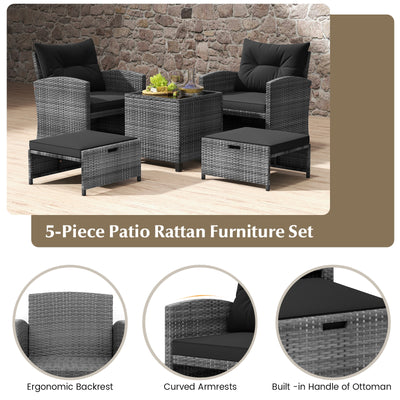 5 Piece Patio Rattan Furniture with 2 Ottomans and Tempered Glass Coffee Table-Black