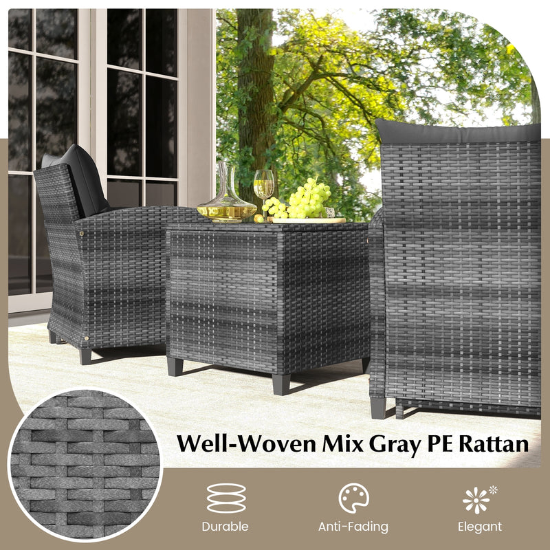 5 Piece Patio Rattan Furniture with 2 Ottomans and Tempered Glass Coffee Table-Black