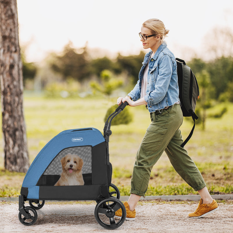 4 Wheels Extra Large Dog Stroller Foldable Pet Stroller with Dual Entry-Blue