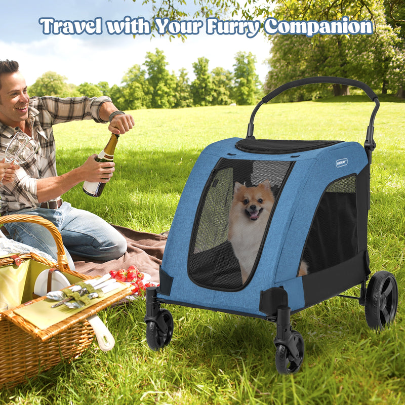 4 Wheels Extra Large Dog Stroller Foldable Pet Stroller with Dual Entry-Blue