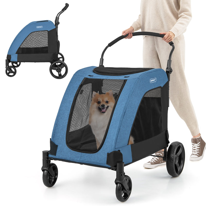 4 Wheels Extra Large Dog Stroller Foldable Pet Stroller with Dual Entry-Blue