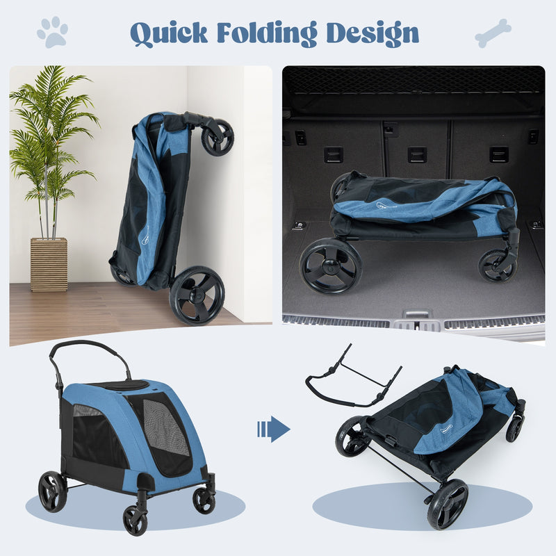 4 Wheels Extra Large Dog Stroller Foldable Pet Stroller with Dual Entry-Blue