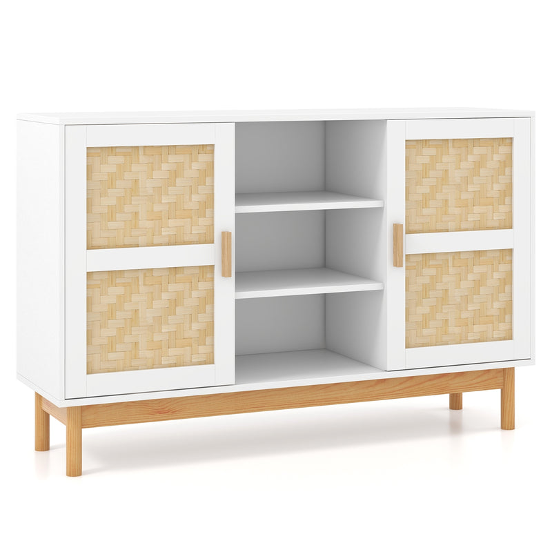 48 Inch Sideboard Buffet Cabinet Floor Storage Cabinet with 2 Bamboo Woven Doors-White