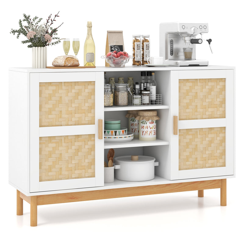 48 Inch Sideboard Buffet Cabinet Floor Storage Cabinet with 2 Bamboo Woven Doors-White