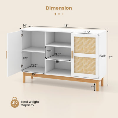 48 Inch Sideboard Buffet Cabinet Floor Storage Cabinet with 2 Bamboo Woven Doors-White