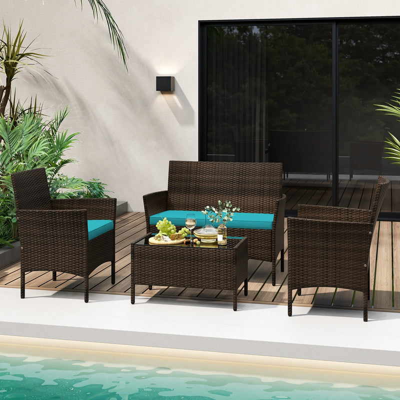 4 Piece Patio Rattan Conversation Set with Cozy Seat Cushions-Turquoise