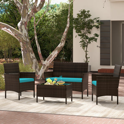 4 Piece Patio Rattan Conversation Set with Cozy Seat Cushions-Turquoise