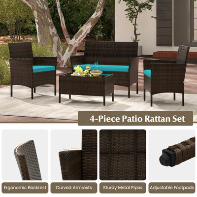 4 Piece Patio Rattan Conversation Set with Cozy Seat Cushions-Turquoise