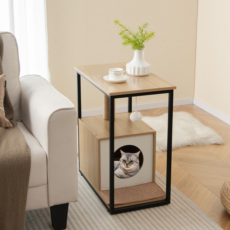 Cat Furniture End Table Cat House with Scratching Post-Natural