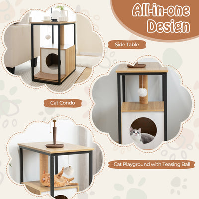 Cat Furniture End Table Cat House with Scratching Post-Natural