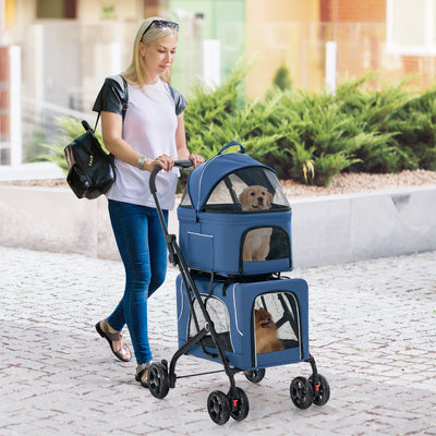 Double Pet Stroller Foldable 3-in-1 Dog Stroller with 2 Detachable Carriers-Blue