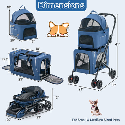 Double Pet Stroller Foldable 3-in-1 Dog Stroller with 2 Detachable Carriers-Blue