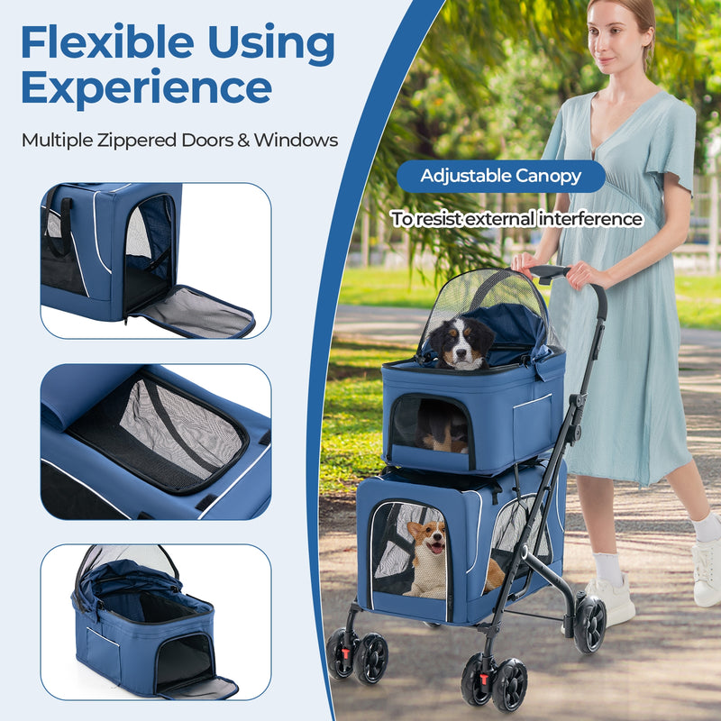 Double Pet Stroller Foldable 3-in-1 Dog Stroller with 2 Detachable Carriers-Blue