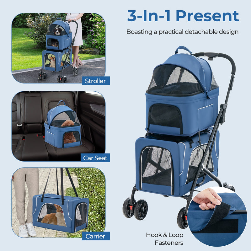 Double Pet Stroller Foldable 3-in-1 Dog Stroller with 2 Detachable Carriers-Blue