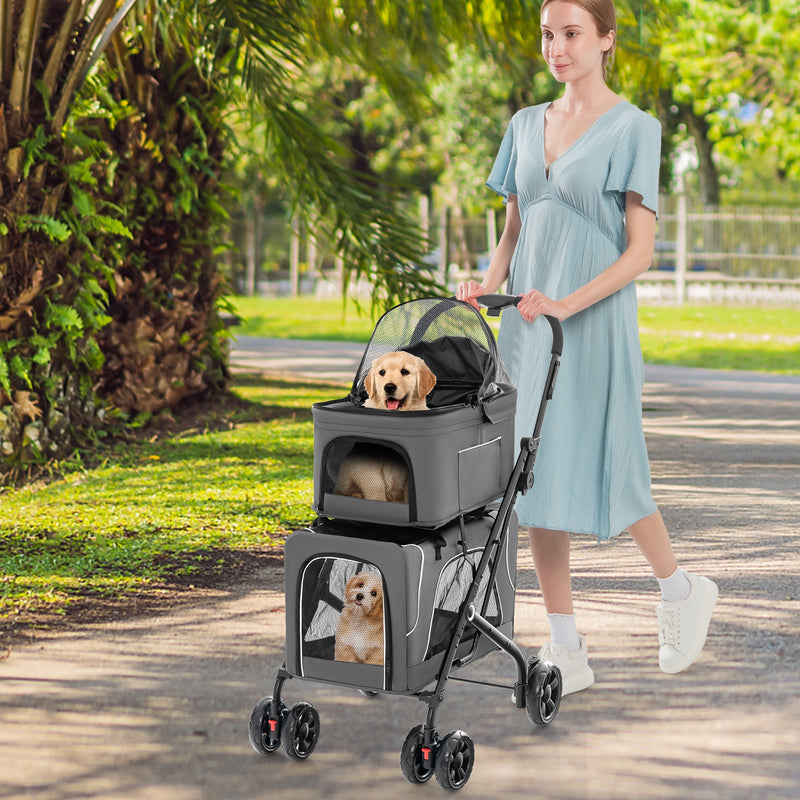 Double Pet Stroller Foldable 3-in-1 Dog Stroller with 2 Detachable Carriers-Gray