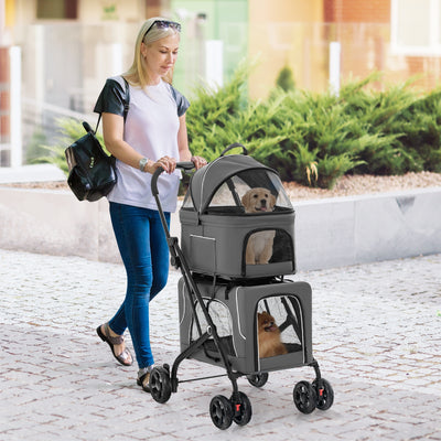 Double Pet Stroller Foldable 3-in-1 Dog Stroller with 2 Detachable Carriers-Gray