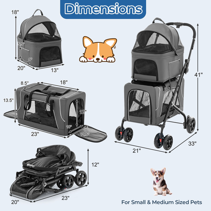 Double Pet Stroller Foldable 3-in-1 Dog Stroller with 2 Detachable Carriers-Gray