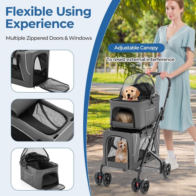 Double Pet Stroller Foldable 3-in-1 Dog Stroller with 2 Detachable Carriers-Gray