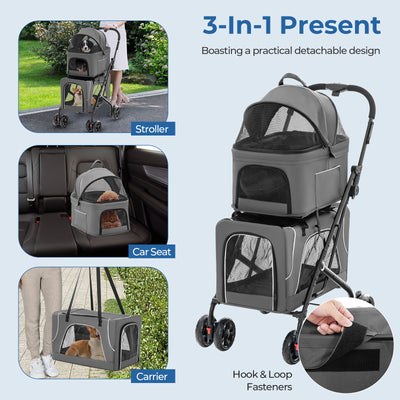 Double Pet Stroller Foldable 3-in-1 Dog Stroller with 2 Detachable Carriers-Gray