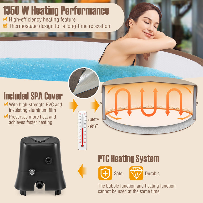 72 Inches Inflatable Hot Tub SPA with 120 Air Jets Electric Heater Pump for 4-6 Person-Coffee