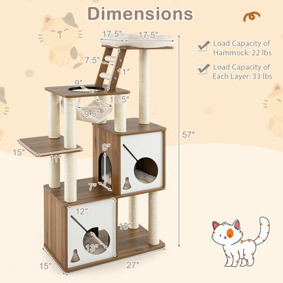 57 Inch Cat Tree Tower Multi-Level Activity Center with Scratching Posts-Natural