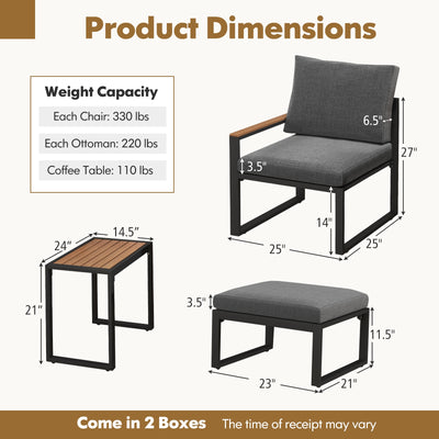 5 Pieces Aluminum Frame Weatherproof Outdoor Conversation Set with Soft Cushions-Gray