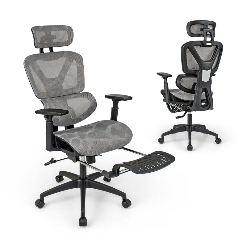 Mesh Office Chair with Tilting Backrest and Retractable Footrest-Gray