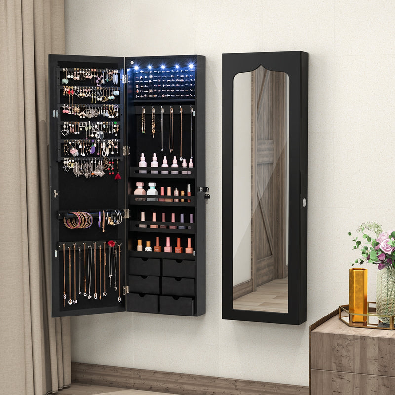 Lockable Wall Mounted Mirror Jewelry Armoire with 5 LEDs and 6 Drawers-Black