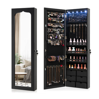 Lockable Wall Mounted Mirror Jewelry Armoire with 5 LEDs and 6 Drawers-Black