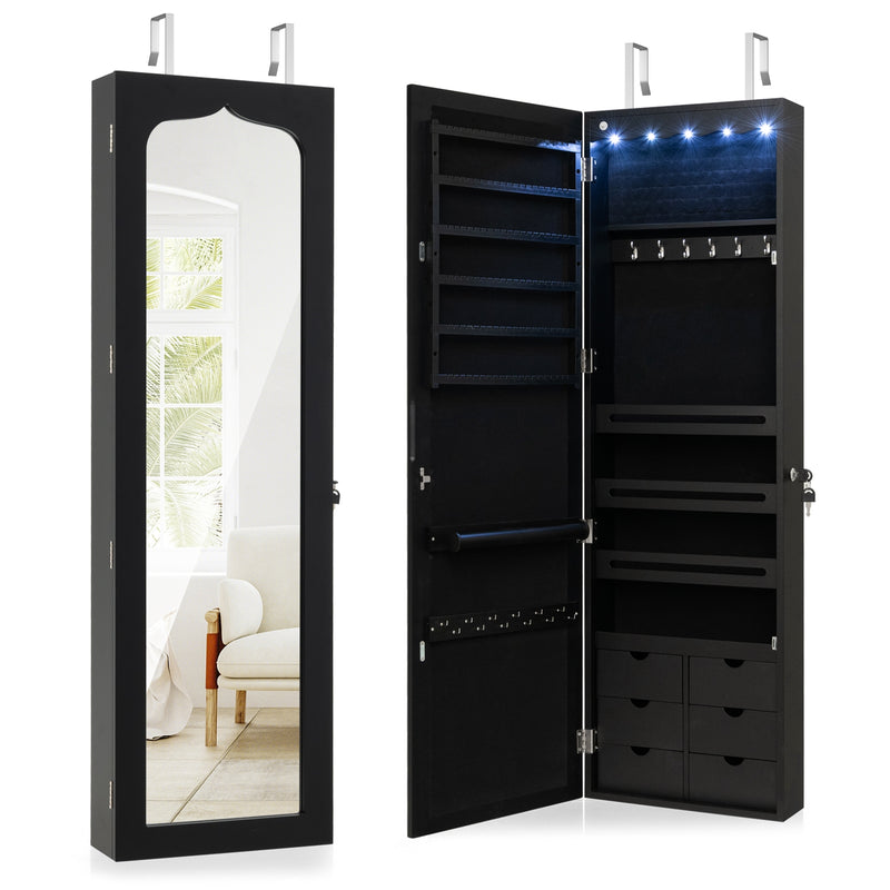 Lockable Wall Mounted Mirror Jewelry Armoire with 5 LEDs and 6 Drawers-Black