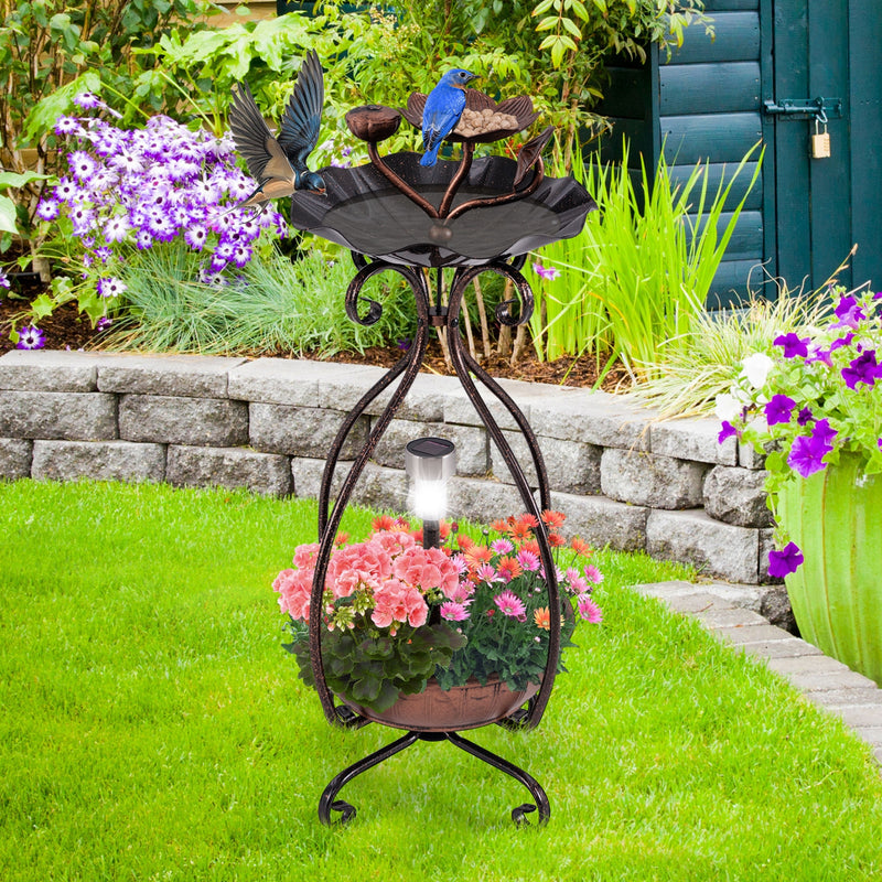 Solar Outdoor Bird Bath Feeder Combo with Flower Planter Pedestal and Solar Lights-Copper